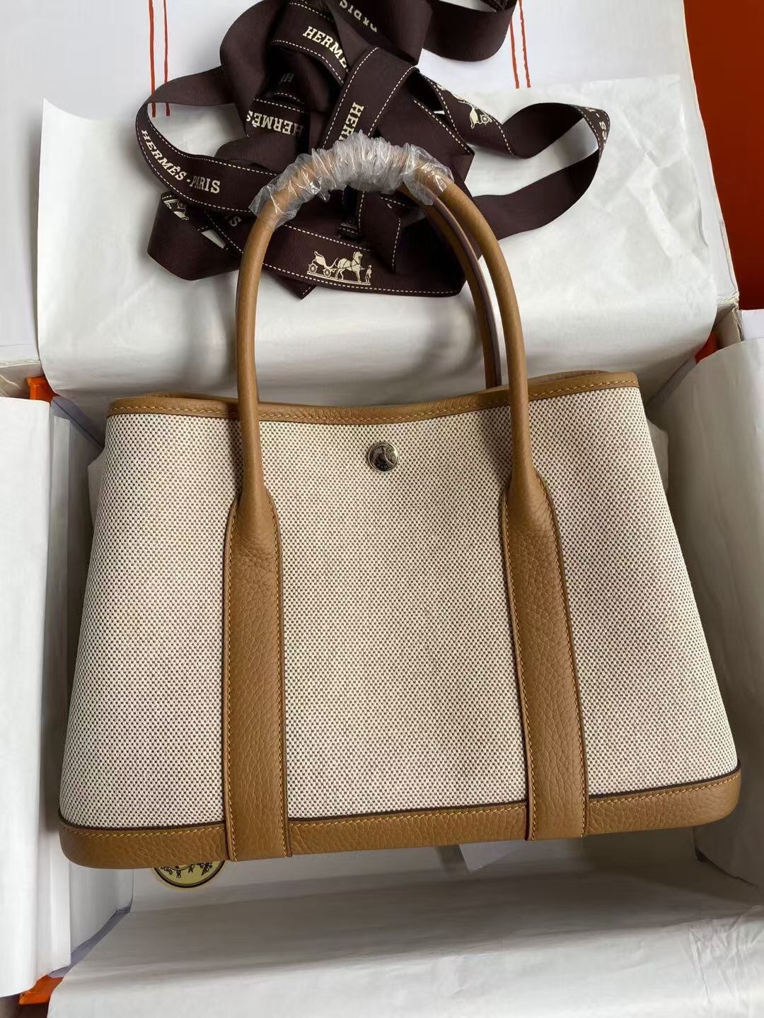 HERMES エルメス ガーデンパーティー30（Garden Party 30）​ トゴークレメンス×ハイブリッドキャンバス アプリコット＆ビスケット エディション