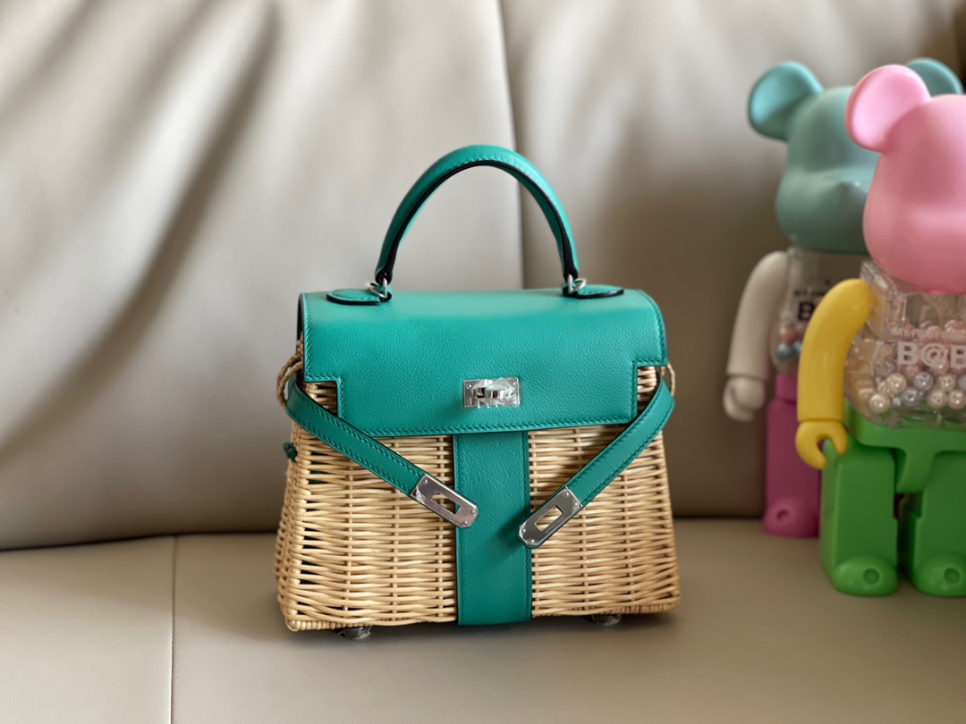 エルメス ケリー ピクニックミニ （Hermès Kelly Picnic Mini ヴェローナグリーン／竹籐編み＋エプソムレザー）