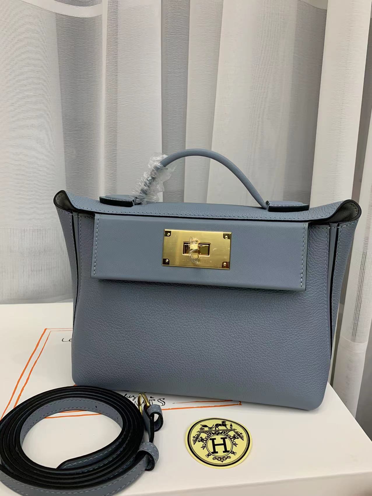 【春夏限定カラー】KELLY21 ミニ2424 ハンドバッグ リネンブルー 肩掛け両用