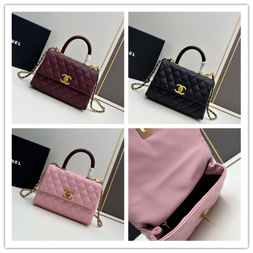 シャネル Coco Handle 牛革×赤ワインカラーハンドル クラシック菱格紋×ダブルCロゴ