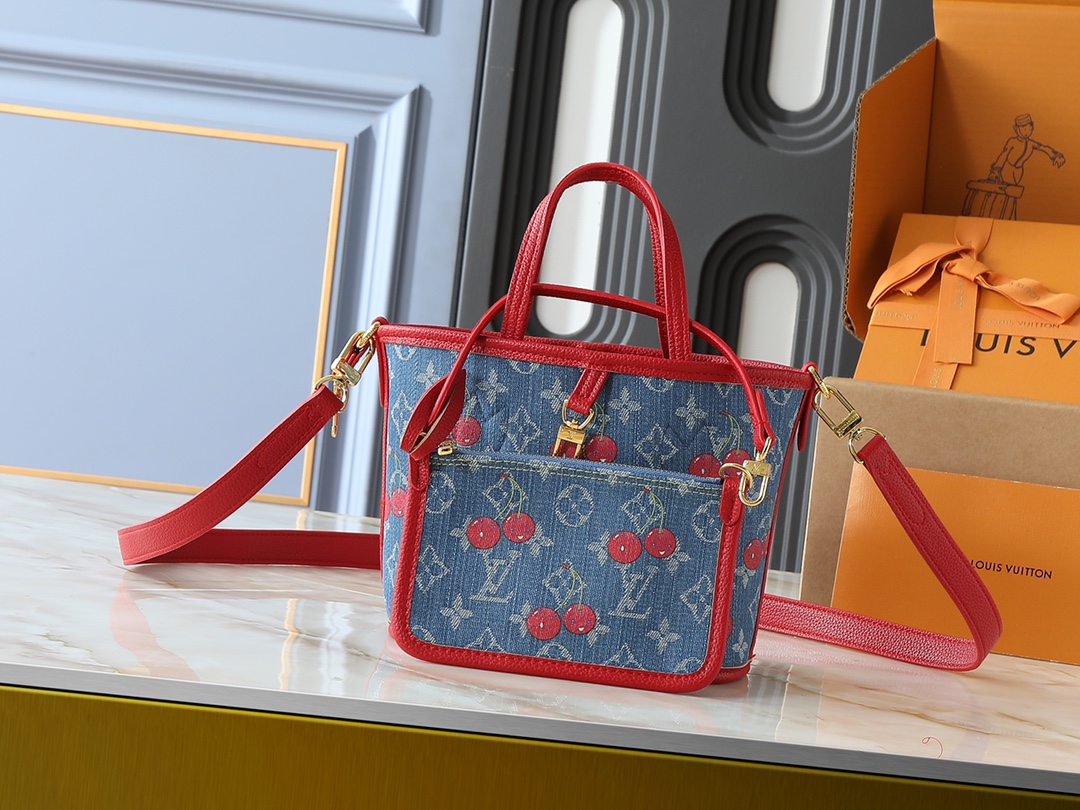 【ルイ・ヴィトン × 村上隆 NEVERFULL INSIDE OUT BB】モノグラムデニム×革飾り辺 / 桜刺繍×可拆卸ジッパーポケット / 26.5x16.5x11cm