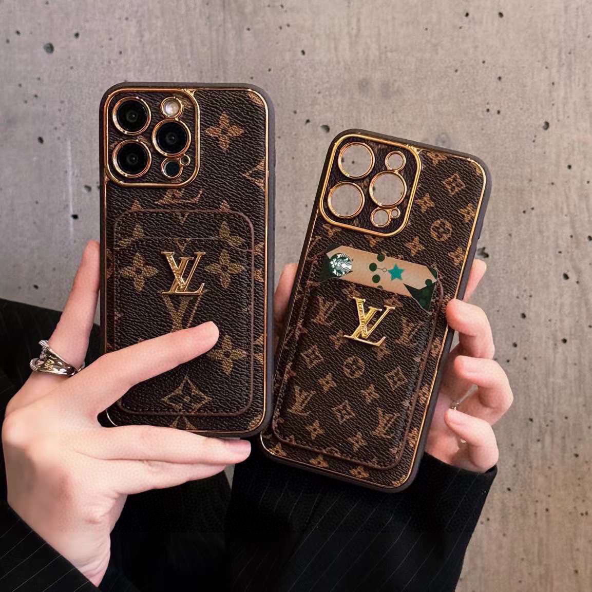 【LVデザイン】肌触りの二重メッキカードホルダー付きスマホケース（オールドファッションスタイル）