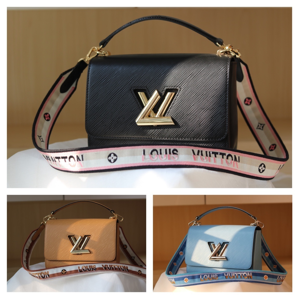 Louis Vuitton Twist 中号バッグ:交換可能な広幅刺繍ストラップとモノグラム花卉デザイン、変形ロック機構搭載