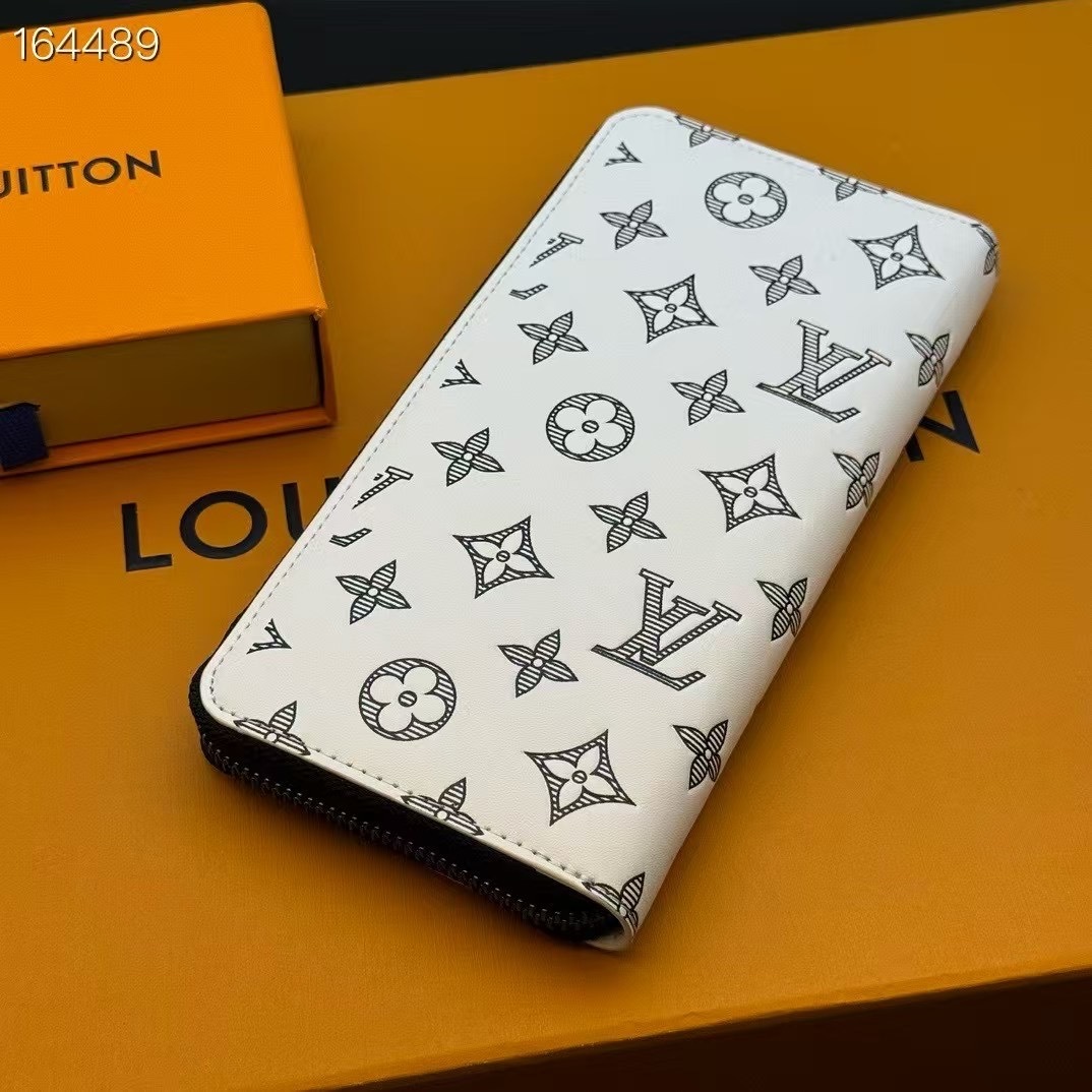 LV ホワイトカラー文字シルクスクリーン ジッパー バーティカル 財布 （モノグラムシャドウ エンボスプリント牛革 / 全周囲ジッパー構造×白字シルクスクリーン / モダンな多重収納機能を備えた縦型財布）