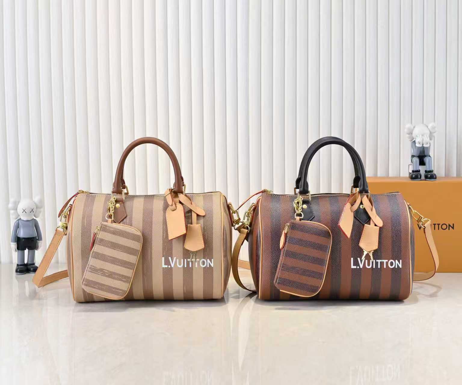 LV スピーディー バンドリエール30 ハンドバッグ （コーヒーストライプ×カーキストライプ コンビネーションデザイン / 全革スピーディー枕型バッグ / モノグラムプリント×羊革内張りの高級感）