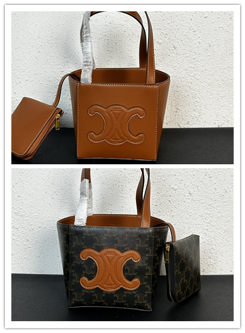 セリーヌ 新作 カゴ型バケットバッグ（菜篮子）｜ブラウン老花×トリオンフロゴ｜14.5×14.5×15cm｜万能搭配・キュート可愛らしさ｜小内袋付き｜クラシック×童趣の静寂美学