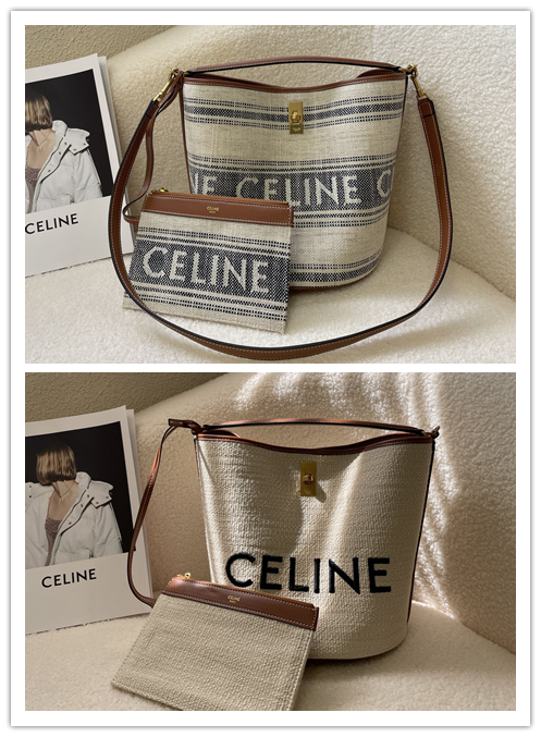 セリーヌ 23早春新作 BUCKET16 ミニバケットバッグ｜提花ストライプ織物×牛革｜刺繍Celineロゴ×全鋼金具｜回転ロック留め・3WAY背法｜23×25×23cm｜軽量大容量・通勤万能