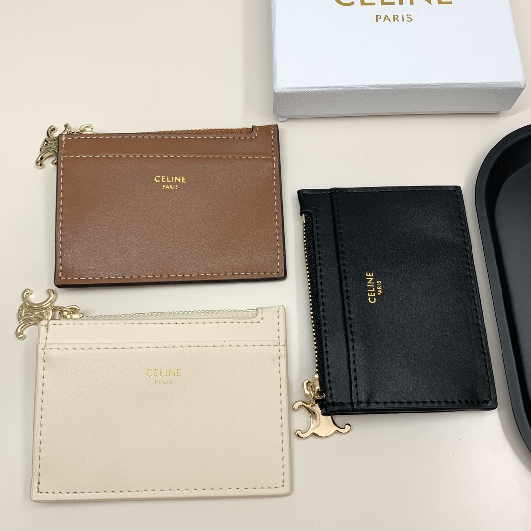 CELINE  新作 光沢小牛皮 ジッパー開閉 超薄型多機能カードケース｜ 全3色展開（黒・茶・アプリコット）