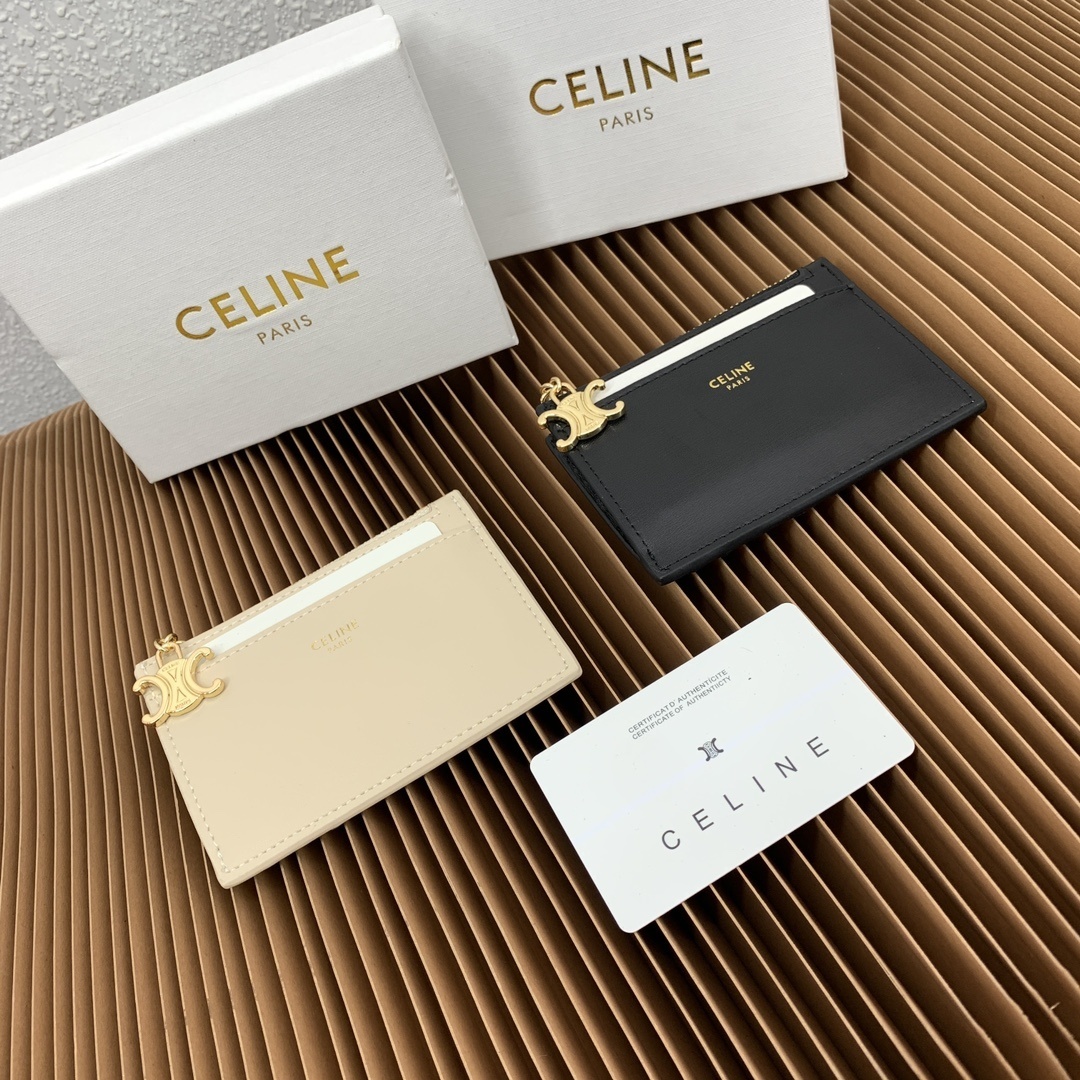 CELINE TRIOMPHE 羊革拉链カードケース｜羊革飾边×牛革内張り ゴールドメタル 折畳み式内ポケット付き（7.5×11.5cm/3×5インチ）