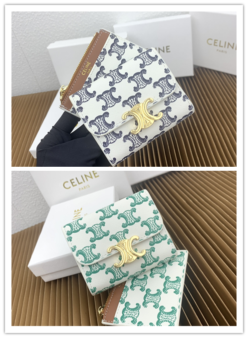 CELINE TRIOMPHE キャンバス コンパクトウォレット｜タンニンブラウン 4×3×1インチ(9.5×7.5×3cm) 小牛皮内張り ゴールドメタル×TRIOMPHEスタッド留め 4カードスロット＆可拆除ジッパーカードケース付き