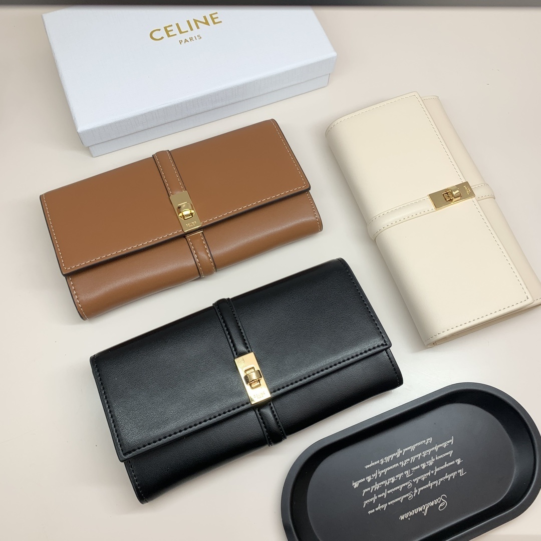 CELINE ショートウォレット｜頭層牛革製 全3色展開（黒・アプリコット・茶）19×10×3cm 精巧で洗練されたデザイン