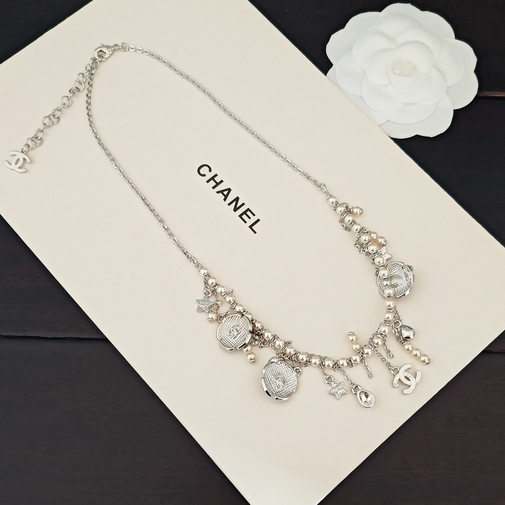 CHANEL シャネル ネックレス 白金 黒花 ロープ結び 真鍮 ZP 高級 ジュエリー