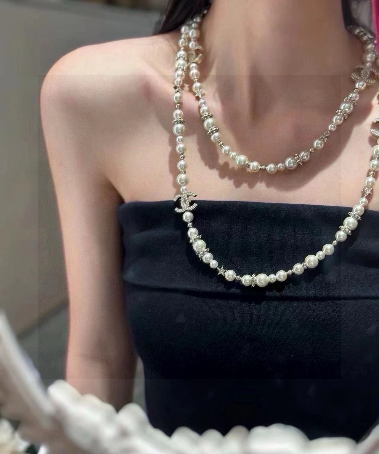 CHANEL シャネル 最新作 ダブルC パール ネックレス チョーカー ニット ストール アクセサリー 実物撮り