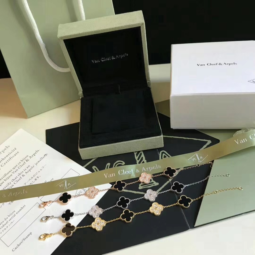 ヴァンクリーフ＆アーペル風】アルハンブラ 五花 ブレスレット 天然黒瑪瑙 18Kメッキ正規品同等素材 完全受注生産 高級 レディース アクセサリー