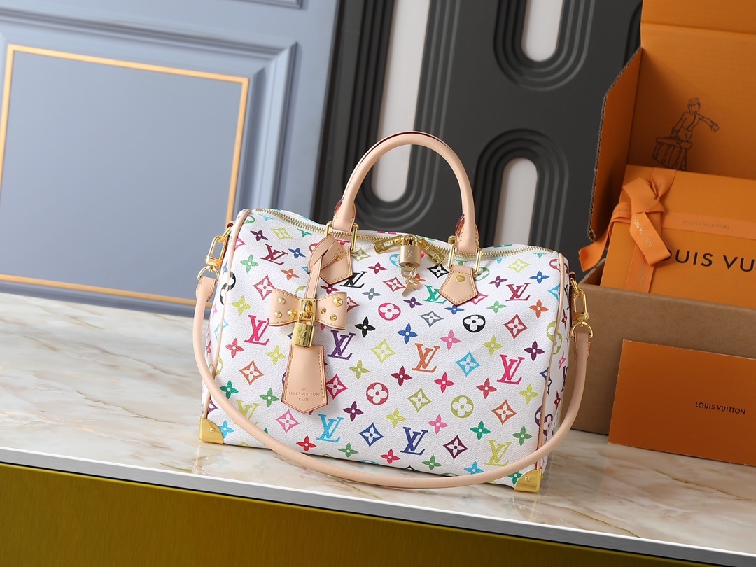 【ルイ・ヴィトン × 村上隆】Nano Speedy 手袋｜33色モノグラム×牛革縁取り 白三彩・黒三彩デザイン 世界的爆発的人気 セレブ愛用 30cm大容量