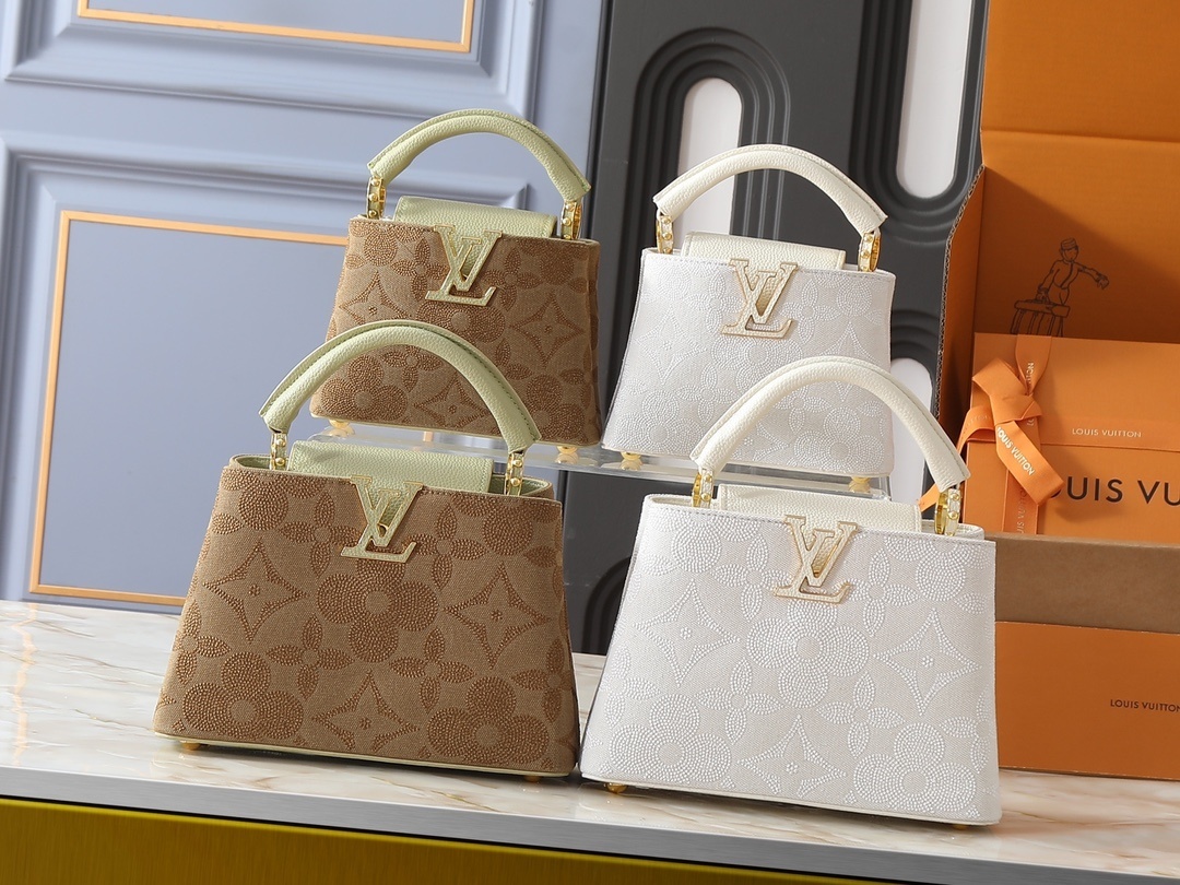 【ルイ・ヴィトン】Capucines ミニバッグ｜「ガーデンアニメーション」シリーズ アール・ヌーヴォー風モチーフ モノグラムフラワーズ刺繍 コットンキャンバス製 牛皮縁取り＆ゴールドパーツ 2サイズ展開