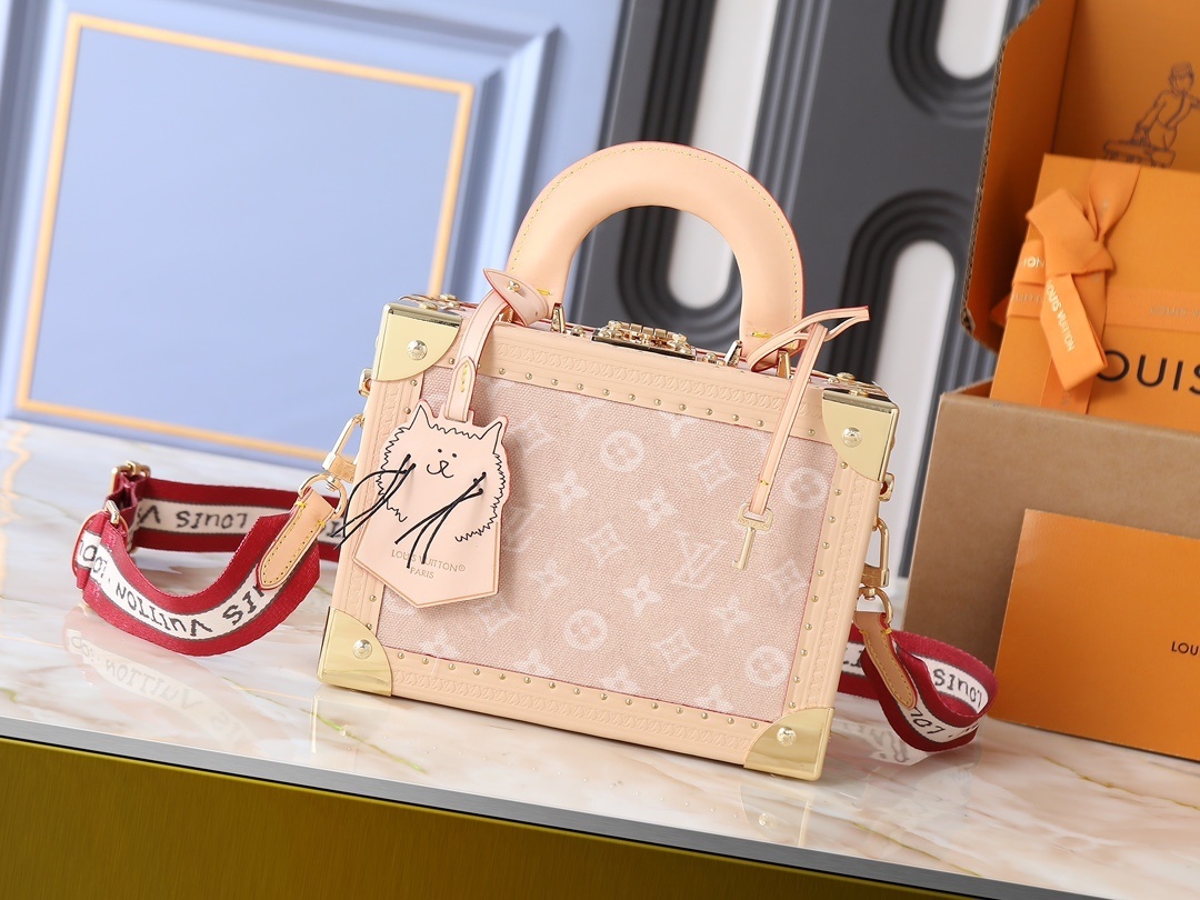 【ルイ・ヴィトン × グレース・コーディントン】Petite Valise ポータブルハードケース｜Travel With シリーズ レトロ風「ミャウグラム」リネンキャンバス製 猫造形装飾＆手描き風ロゴ 幅広ショルダー付き